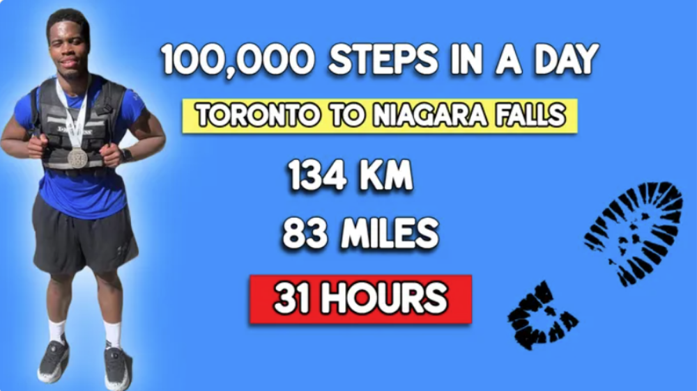 Blue background, a cut-out photo of Trevaun Douglas to the left and text reading 100,000 steps in a day, Toronto to Niagara Falls, 134 KM, 83 miles, 31 hours in the centre. A shoe print graphic to the right. 