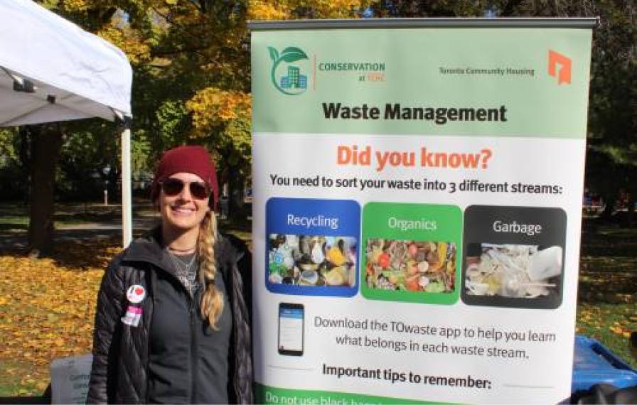 TCHC Conservation team member stands beside a pull up banner about waste management. Banner indicates the correct way to dispose of waste by sorting recycling, organics and garbage.