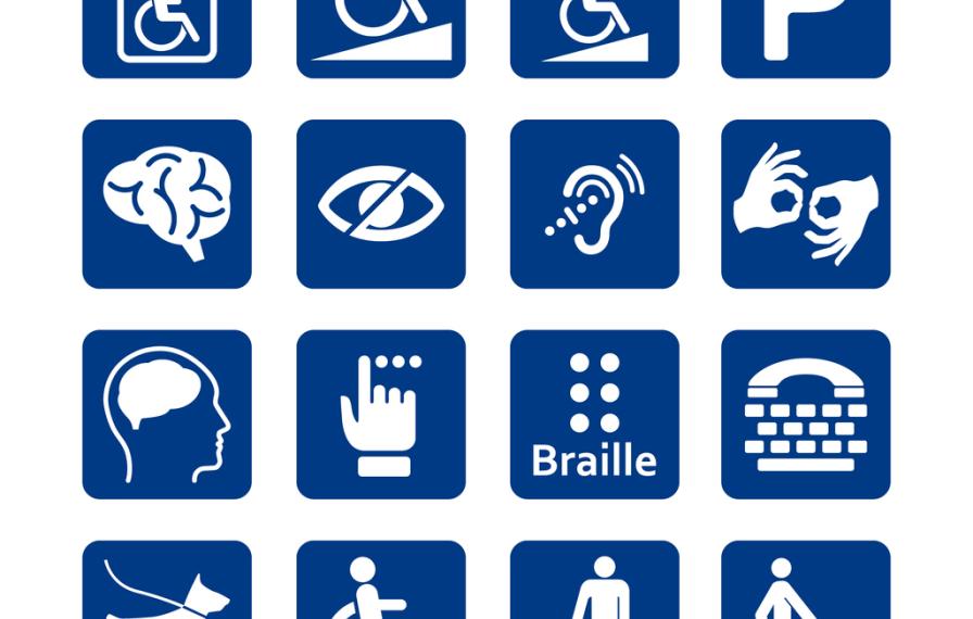range of accessibility communications icons in blue and white including parking, braille, pathways