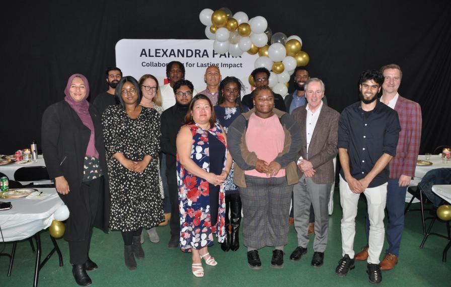 TCHC’s Alexandra Park scholarship recipients pose with Ward 10 Councillor Ausma Malik (L), Tridel CEO Jim Ritchie (third from right) and TCHC’s President and CEO Sean Baird (R)