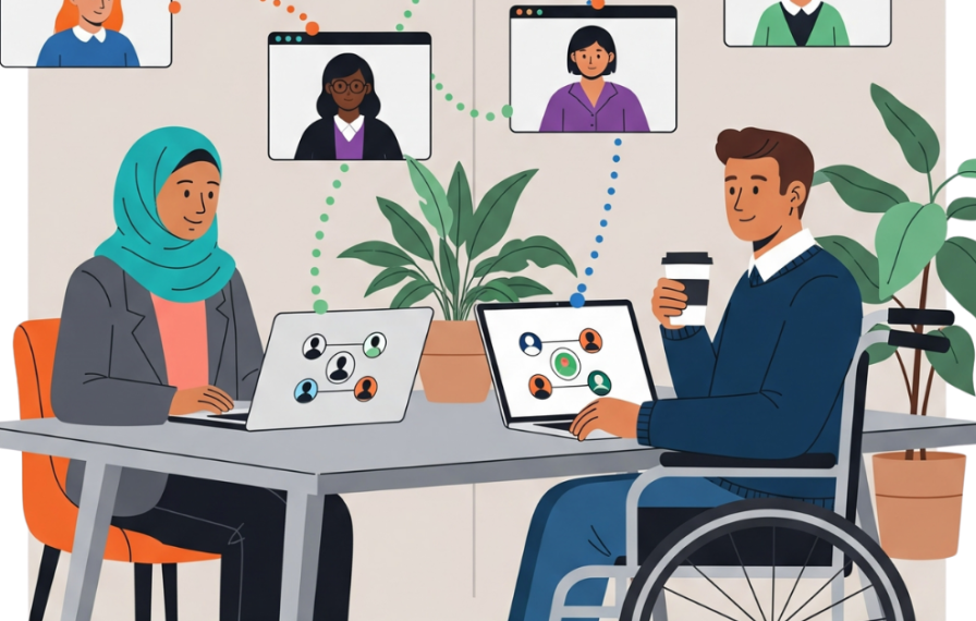 People on a video call, with two people at a table on their computers and other people joining virtually on screens.