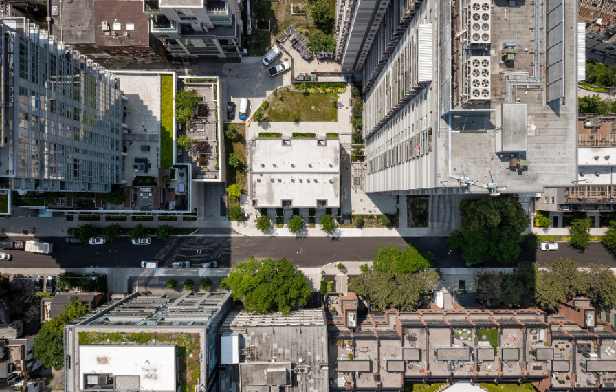 A view from above of Toronto downtown streets and housing communities.