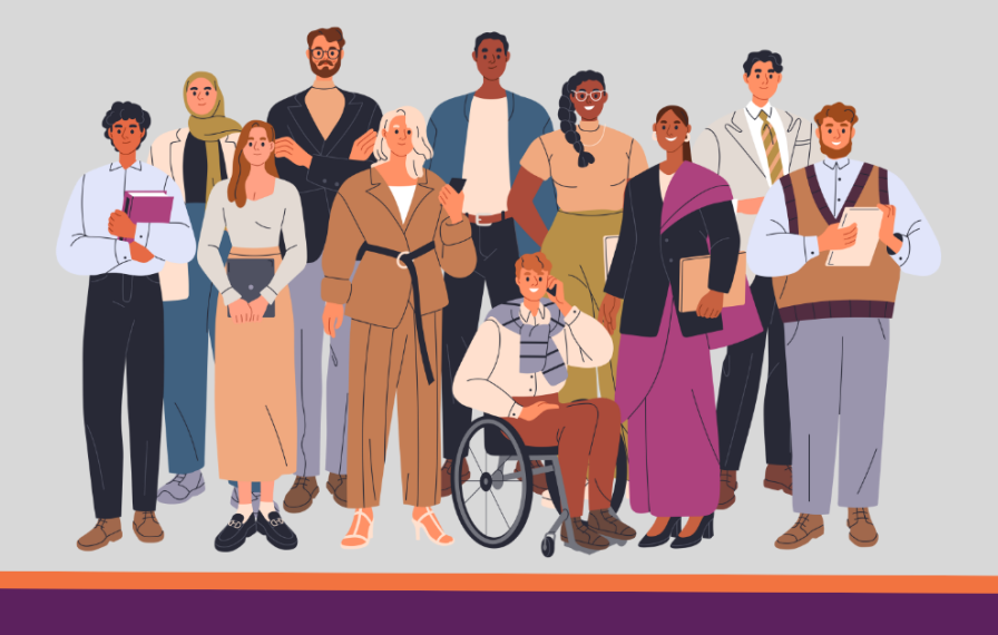 A diverse group of people standing together and holding pens, papers, and books.