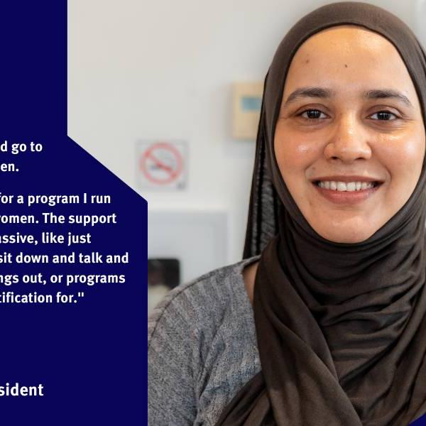 Headshot of Fazla, a Regent Park resident, with the text of her thoughts on how the community benefits agreement should be invested in Regent Park.