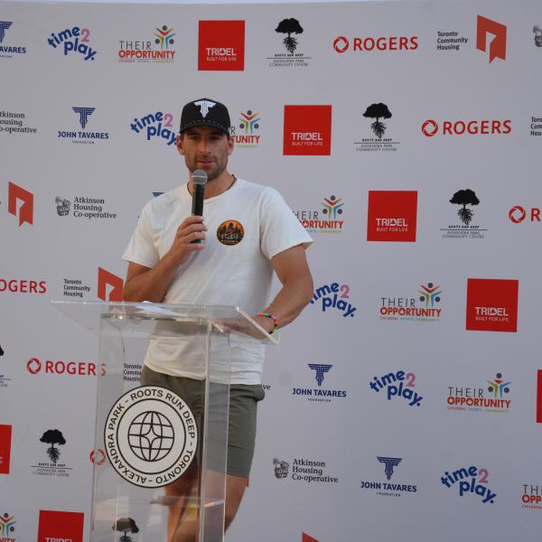 John Tavares, Captain of Maple Leafs speaking at the inauguration of Aleax park Basketball court