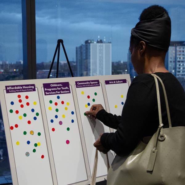 Tenant putting dots on the dotmocracy boards at the East region TCAT 