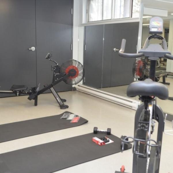 A photo of a fitness room with various exercise equipment, mats and mirrors.
