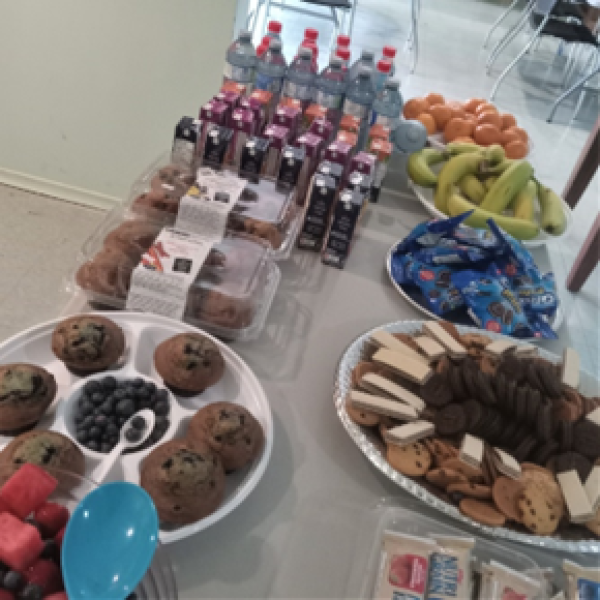 Various food and drinks on a table