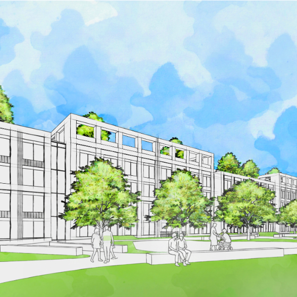 Design rendering of open greenspace surrounded by mid and low-rise apartment units. The courtyard features a walking path, benches, and trees.