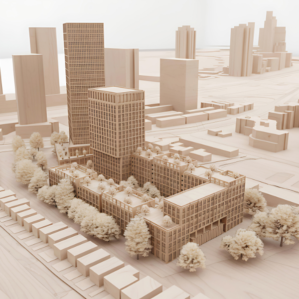 3D rendering of a high-rise apartment building, a mid-rise apartment building, and low-rise apartment building, and surrounding townhomes.