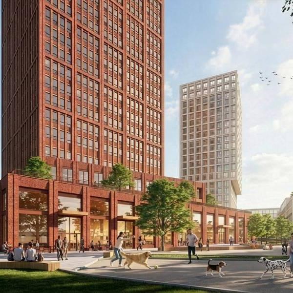 Rendering of a large high-rise building from the street-level view, showing people walking through a courtyard area.