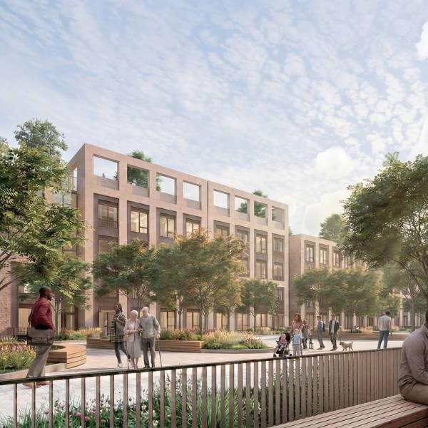 Rendering of a building with many trees around and a large walkway in front.