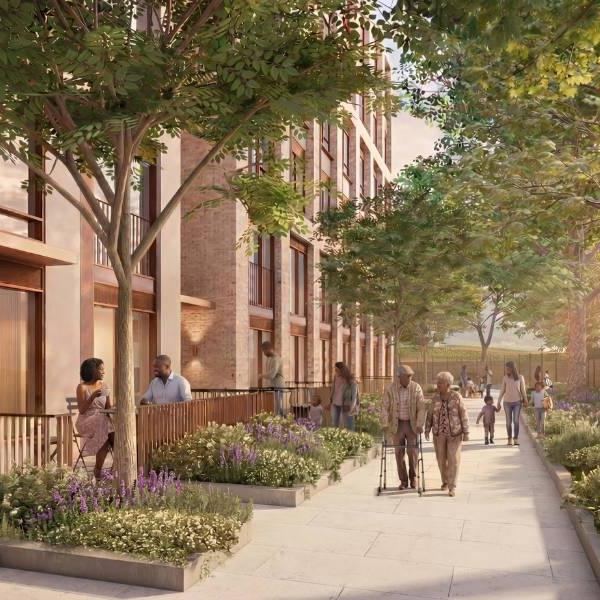 Rendering of a sidewalk area along the side of a row of homes with people walking in front.
