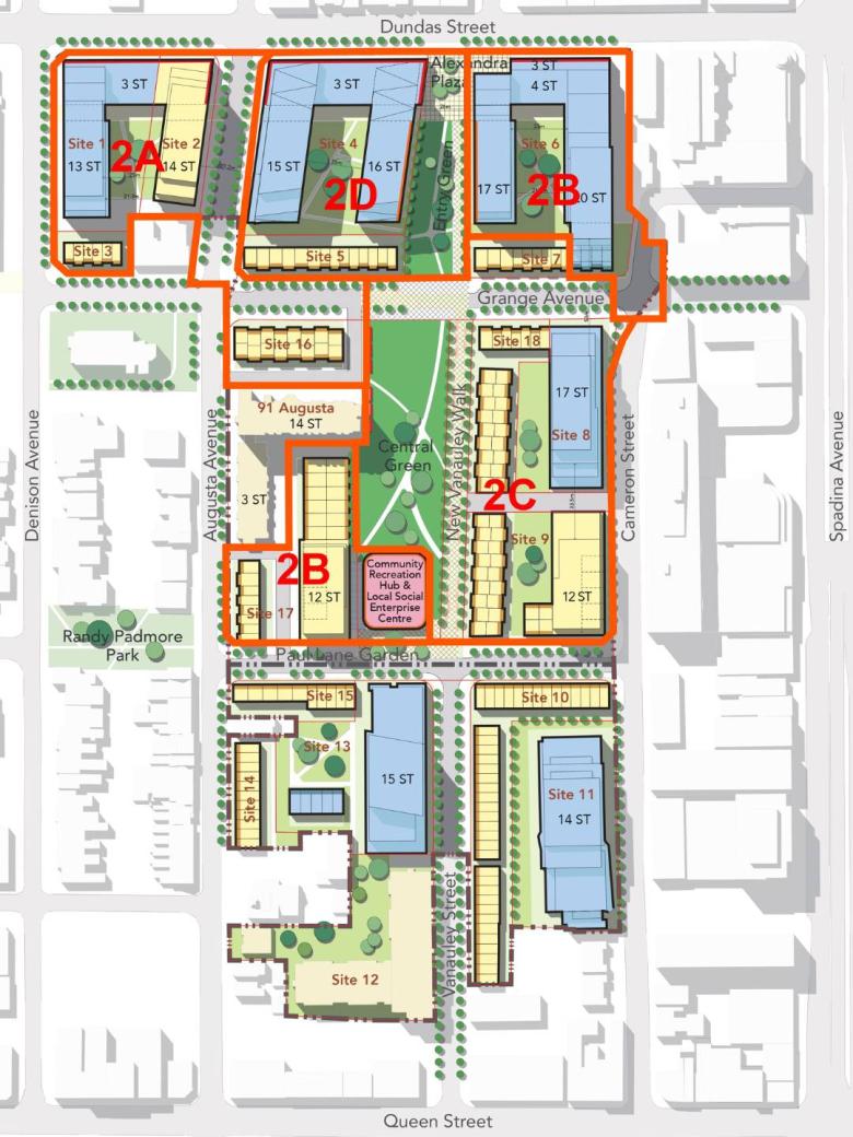 Birdseye view concept map outlining revitalization zones and changes for Alexandra Park.