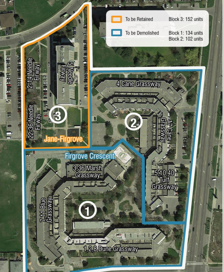 Birdseye view of Firgrove Grassways community divided by zones indicating which areas are to be retained and which areas will be demolished as part of the revitalization