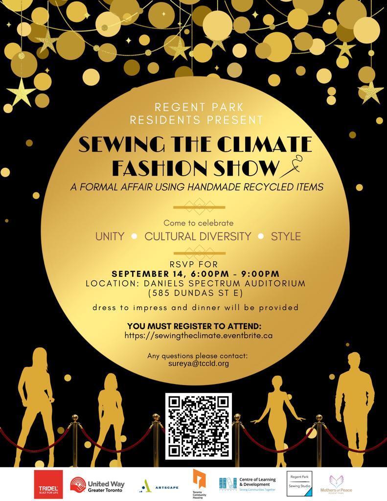 A poster advertising the Regent Park 'Sewing the Climate" fashion show