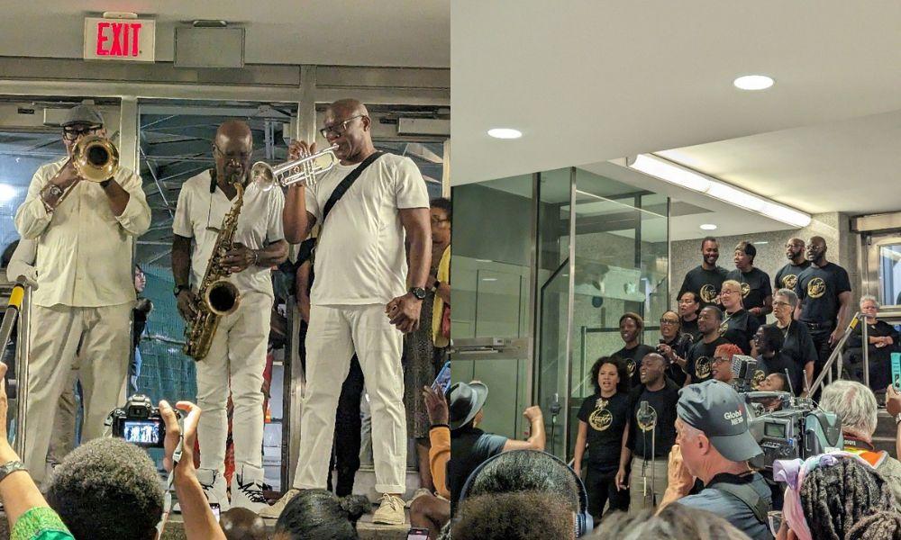 On the left, three musicians playing the trombone, the saxophone and the trumpet perform on a stage; on the right, a choir performs on stairs in the TTC underground.