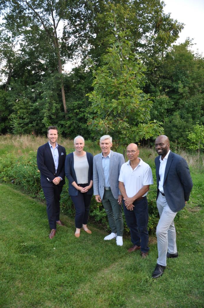 To mark the end of revitalization at Leslie Nymark, a red oak was planted. From left are Mike Mestyan, Vice-President of Development for Tridel, Jessica Hawes, Chief Development Officer, TCHC, Tom Hunter, Interim President and CEO, The Honorable Vincent Ke, Member of Provincial Parliament for Don Valley North. 