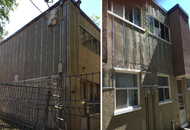 A split image of a TCHC building with temporary construction strapping to prevent damaged exterior wall from falling during foundation repairs.