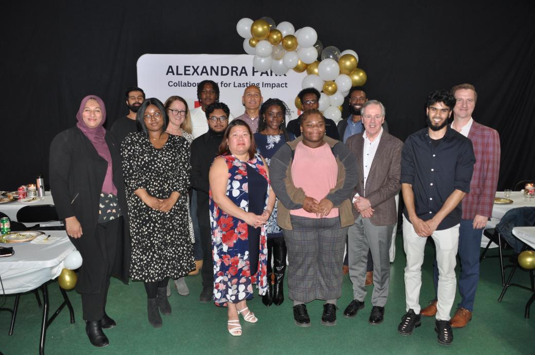 TCHC’s Alexandra Park scholarship recipients pose with Ward 10 Councillor Ausma Malik (L), Tridel CEO Jim Ritchie (third from right) and TCHC’s President and CEO Sean Baird (R)