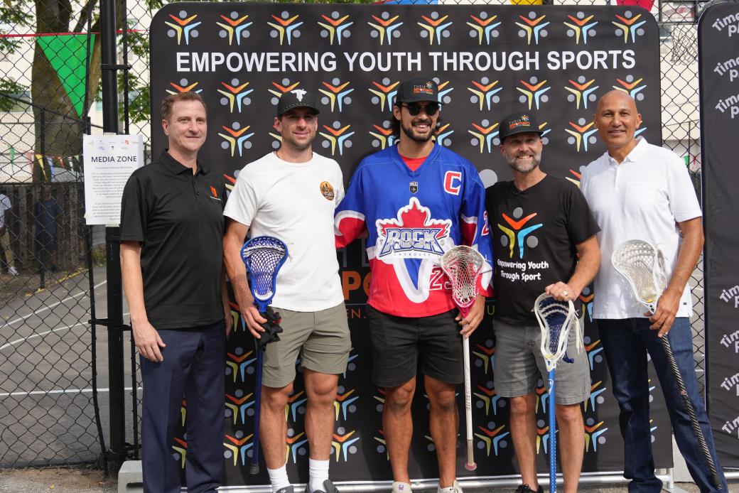 Left to Right: Sean Baird (President and CEO of TCHC), John Tavares (Toronto Maple Leafs player), Randy Gill (President and CEO of Their Opportunity) and Mohsin Khattak (Acting Executive Director from APCC)