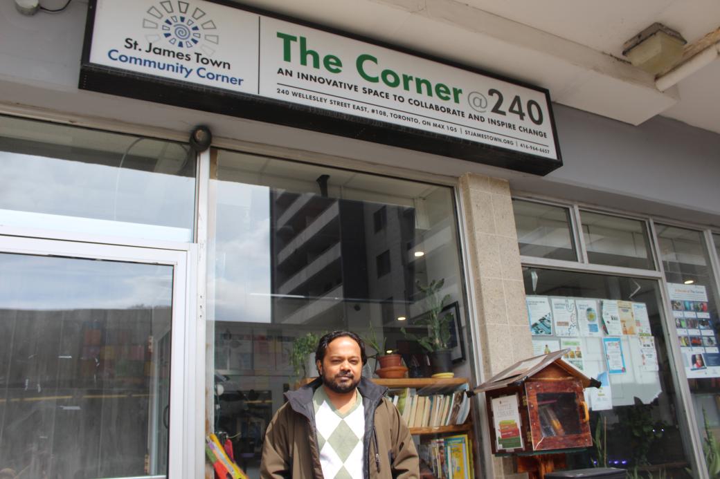 Aravind Joseph in front of the St.James Town community corner