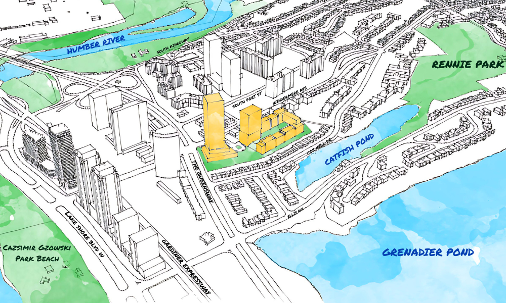 A rendering of the new Swansea Mews community, showing where the community sits at the northeast corner of The Queensway and Windermere Avenue.