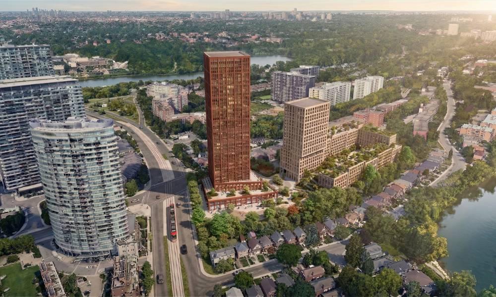 Rendering of the aerial view of the Swansea Mews redevelopment site, showing a large high-rise tower, a mid-rise tower, and low-rise buildings.