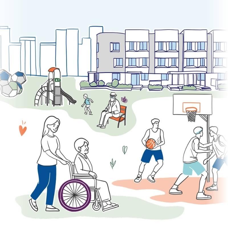 Illustrations of a playground, people walking, youth playing basketball, with high-rise buildings and townhomes in the background.