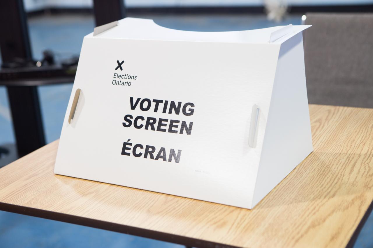 A white cardboard voting screen on a wooden table