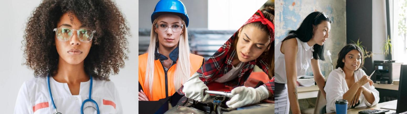 Women in different occupations including a doctor, construction worker, mechanic and a teacher.