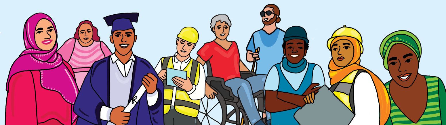 Illustrations of people including a woman with a pink hijab, a man wearing construction gear, a woman sitting in a wheelchair, a man with a mobility cane, a young man wearing blue, a woman wearing a hijab and construction equipment, a woman wearing green.