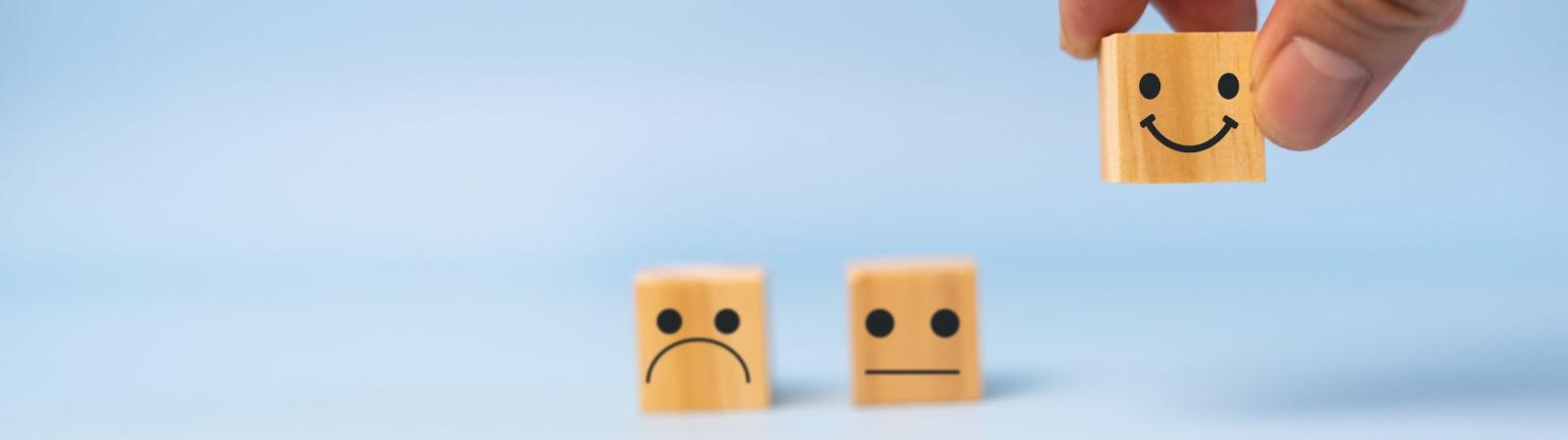 Three wooden cubes with faces drawn on them.