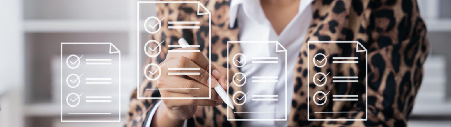 A close up of a person interacting with floating checklist icons. 