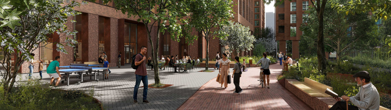 A render of the courtyard space at the new Regent Park 4A building