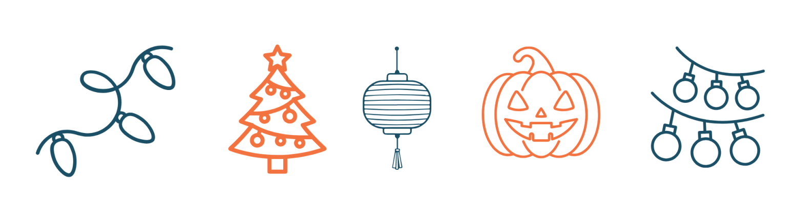Illustrations of holiday lights, a Christmas tree, a lantern, a jack-o-lantern pumpkin, and a party banner.