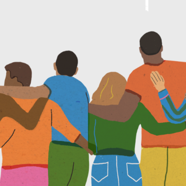 Illustration of youth side-hugging