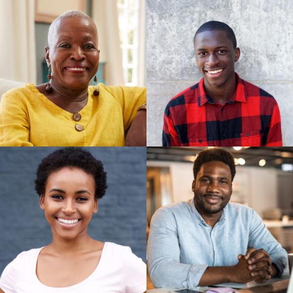 Photos of four Black individuals (two male and two female) smiling.