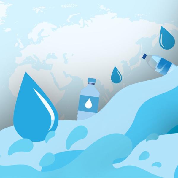 An illustration of water bottles floating in water. 