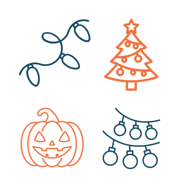 Illustrations of holiday lights, a Christmas tree, a lantern, a jack-o-lantern pumpkin, and a party banner.